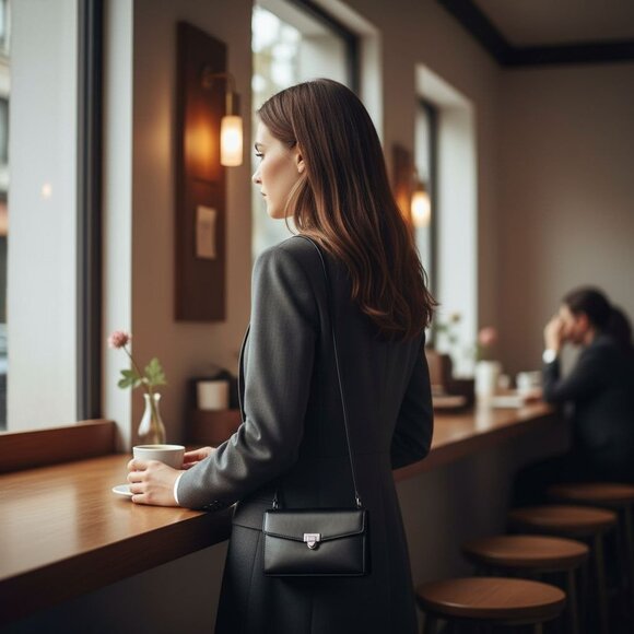 Lamarthe Black Leather Small Crossbody Bag Adjustable Strap Made in Italy - Picture 3 of 15